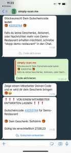 Der Kunde erhält seinen Gutscheincode, den er von einem Mitarbeiter entwerten lassen kann.