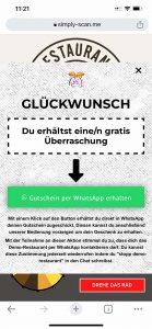 Screenshot eines Smartphones, wo der Endkunde aufgefordert wird seinen Gutschein über WhatsApp zu erhalten